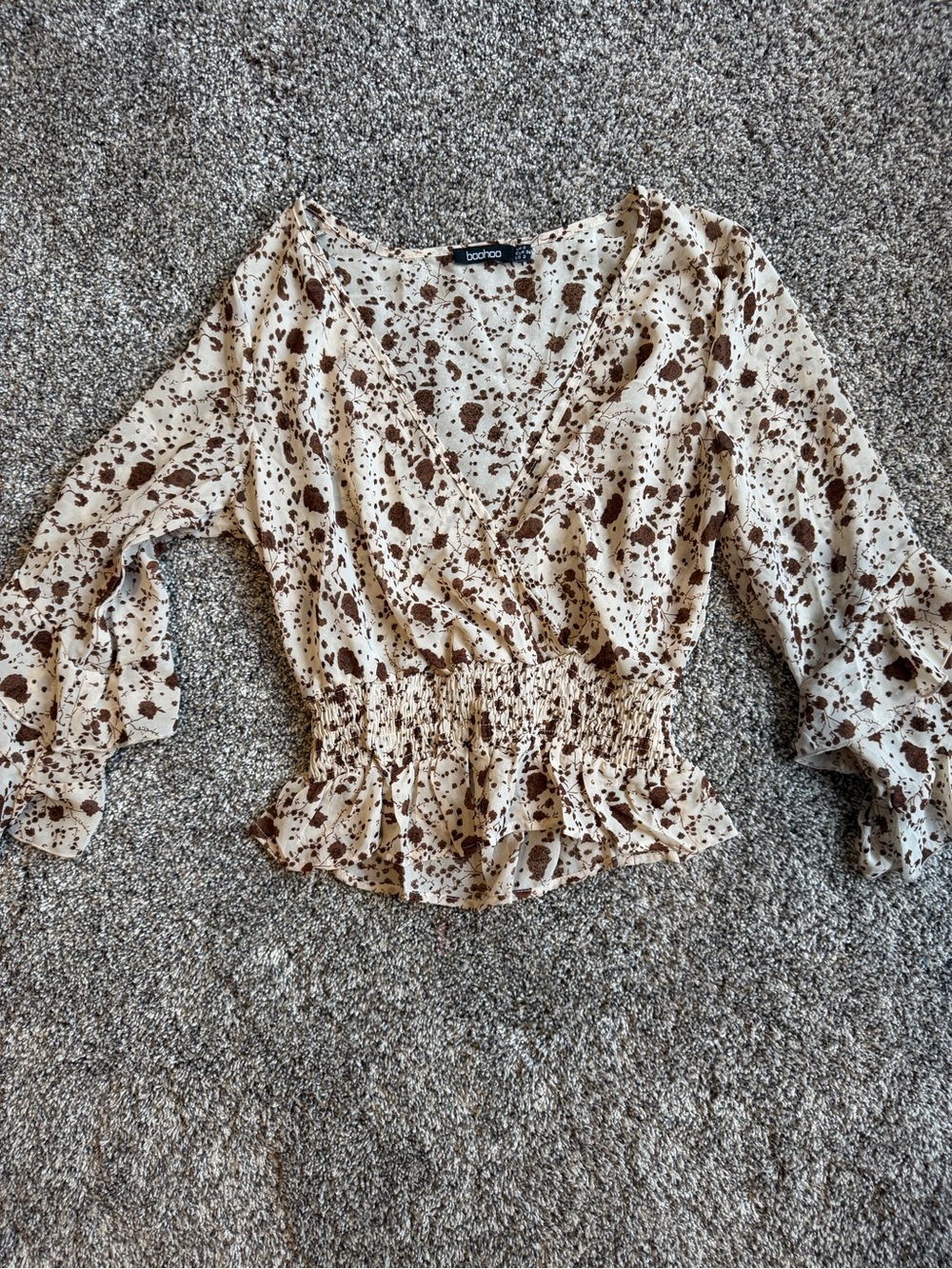 Boohoo Cream Blouse with Brown Spot Print and Smocked Peplum